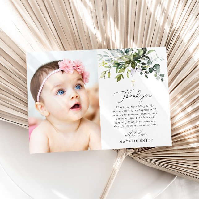 Greenery, Eucalyptus Leaves, Boho, Baptism Thank You Card (Creator Uploaded)