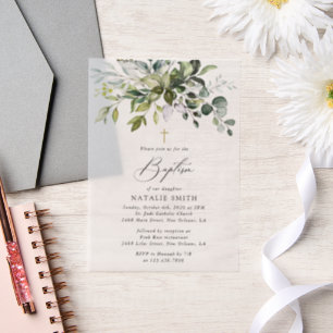 Greenery, Eucalyptus Leaves, Boho, Baptism Vellum Invitations