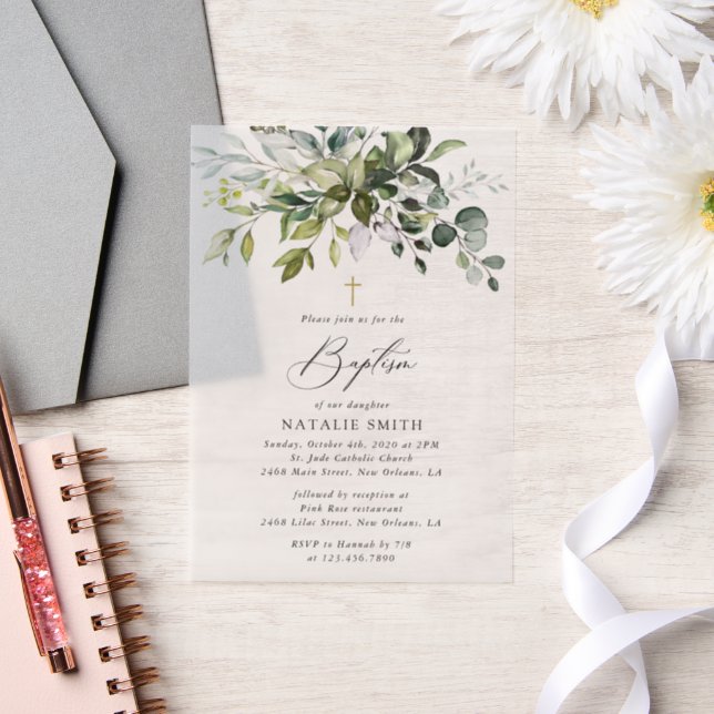 Greenery, Eucalyptus Leaves, Boho, Baptism Vellum Invitations (Wedding)