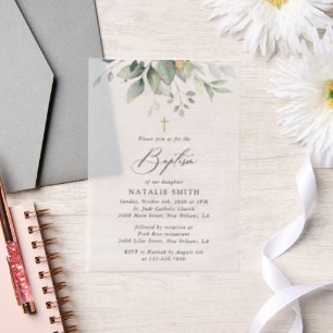 Greenery, Eucalyptus Leaves, Boho, Baptism Vellum Invitations