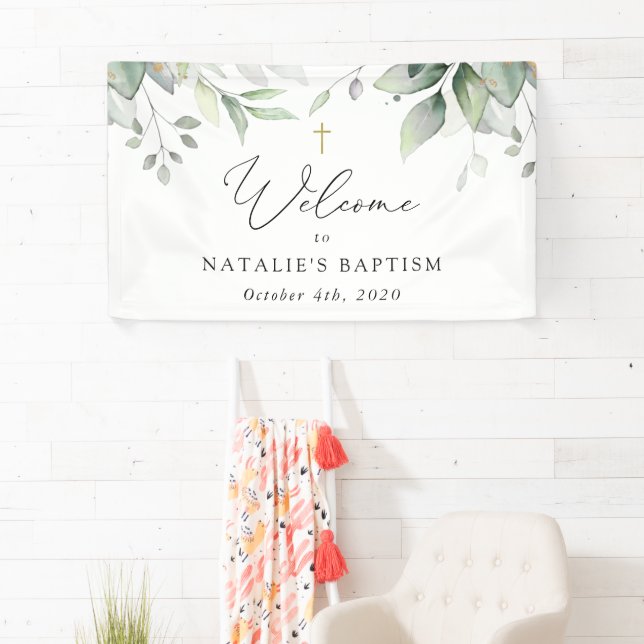 Greenery, Eucalyptus Leaves, Boho, Baptism Welcome Banner (Insitu)