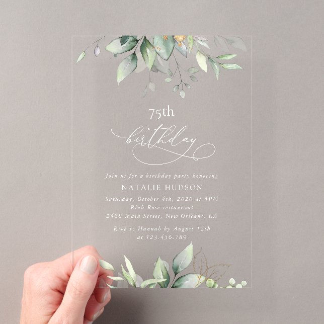 Greenery, Eucalyptus Leaves, Boho, Birthday Acrylic Invitations (Insitu (Handheld))