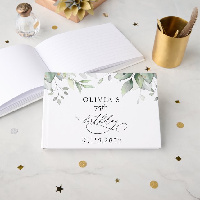 Greenery, Eucalyptus Leaves, Boho, Birthday Guest Book (Front Open)