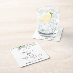 Greenery, Eucalyptus Leaves, Boho, Birthday Square Paper Coaster