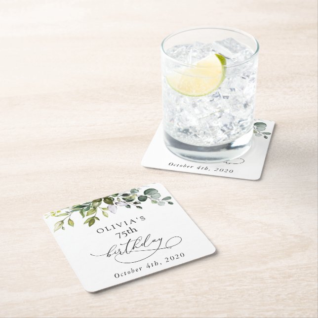 Greenery, Eucalyptus Leaves, Boho, Birthday Square Paper Coaster (Insitu)