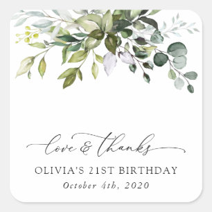Greenery, Eucalyptus Leaves, Boho, Birthday Square Sticker