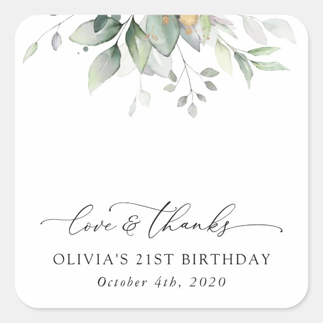Greenery, Eucalyptus Leaves, Boho, Birthday Square Sticker (Front)