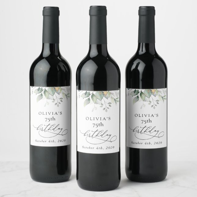 Greenery, Eucalyptus Leaves, Boho, Birthday Wine Label (Bottles)
