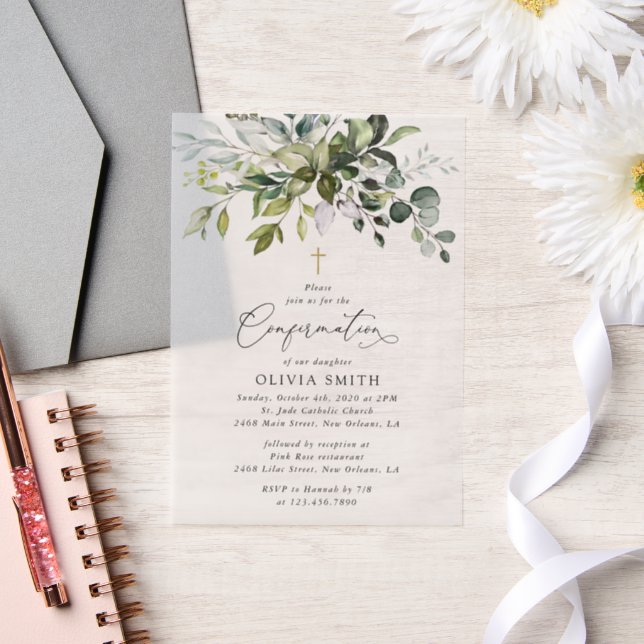 Greenery, Eucalyptus Leaves, Boho, Confirmation Vellum Invitations (Wedding)
