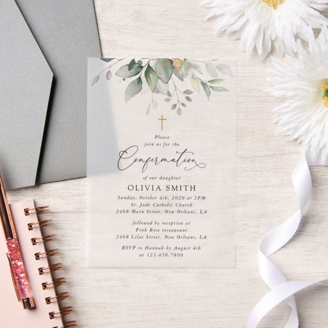 Greenery, Eucalyptus Leaves, Boho, Confirmation Vellum Invitations (Wedding)