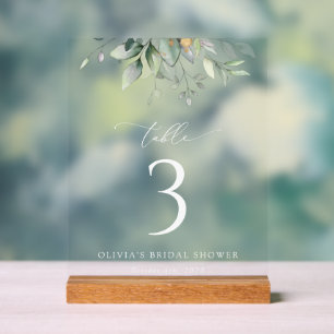 Greenery, Eucalyptus Leaves, Boho, Table Numbers Acrylic Sign