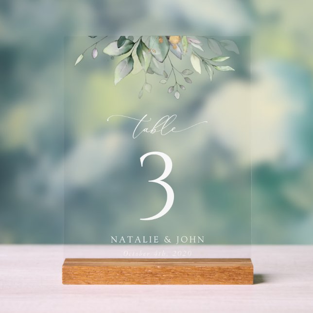 Greenery, Eucalyptus Leaves, Boho, Table Numbers Acrylic Sign (Neutral)