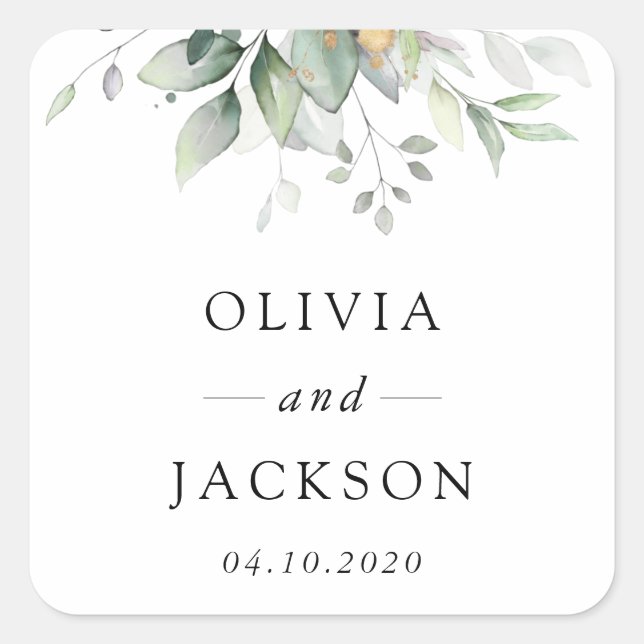 Greenery, Eucalyptus Leaves, Botanical Wedding Square Sticker (Front)