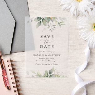 Greenery, Eucalyptus Leaves, Botanical Wedding Vellum Invitations