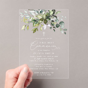 Greenery, Eucalyptus Leaves, First Holy Communion Acrylic Invitations