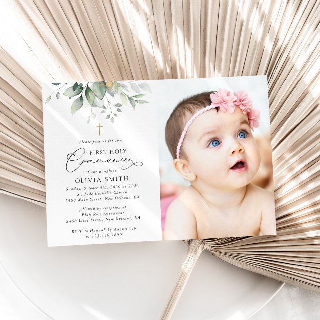 Greenery, Eucalyptus Leaves, First Holy Communion Invitation (Creator Uploaded)
