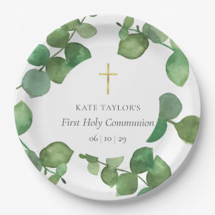 Greenery Eucalyptus Leaves First Holy Communion Paper Plate