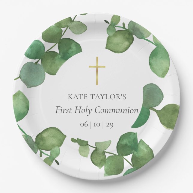 Greenery Eucalyptus Leaves First Holy Communion Paper Plate (Front)