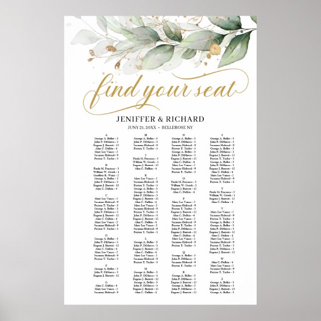Greenery Eucalyptus leaves gold boho seating chart (Front)