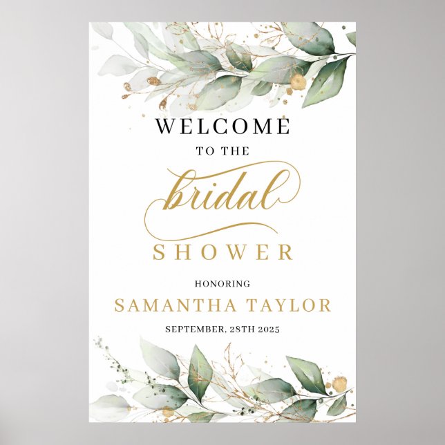 Greenery Eucalyptus leaves gold boho welcome sign (Front)