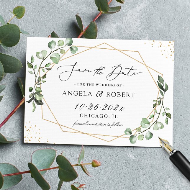 Greenery Eucalyptus Leaves Gold Confetti Geometric Save The Date (Creator Uploaded)