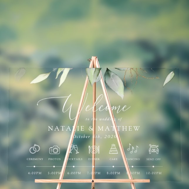 Greenery, Eucalyptus Leaves, Wedding Timeline Acrylic Sign (Neutral)