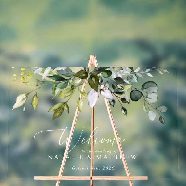 Greenery, Eucalyptus Leaves, Wedding Welcome Acrylic Sign (Neutral)