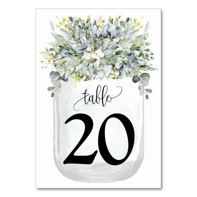 Greenery Eucalyptus Mason Jar Wedding Table Number (Front)