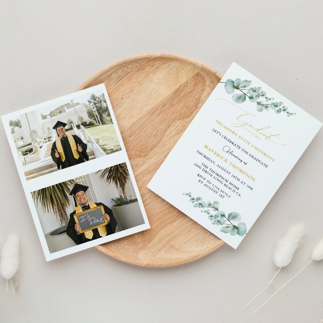 Greenery Eucalyptus Metallic Gold Graduation Invitation (Creator Uploaded)