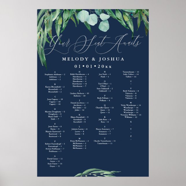 GREENERY EUCALYPTUS NAVY SEATING CHART, ALPHA POSTER (Front)