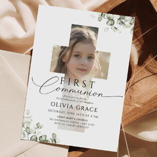 Greenery Eucalyptus Photo First Communion Invitation