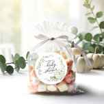 Greenery Eucalyptus Pumpkin Fall Baby Shower Classic Round Sticker<br><div class="desc">Lovely greenery wreath pumpkin fall-themed baby shower sticker. Easy to personalize with your details. Please get in touch with me via chat if you have questions about the artwork or need customization. PLEASE NOTE: For assistance on orders,  shipping,  product information,  etc.,  contact Zazzle Customer Care directly https://help.zazzle.com/hc/en-us/articles/221463567-How-Do-I-Contact-Zazzle-Customer-Support-.</div>