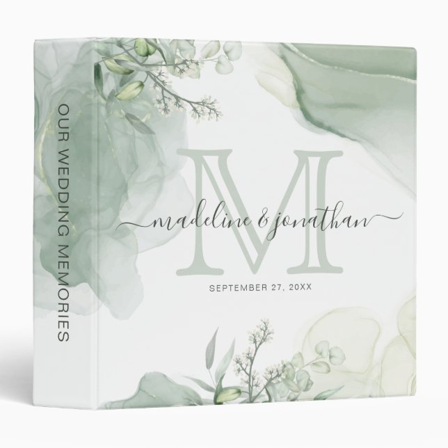 Greenery Eucalyptus Sage Green Monogram Wedding Binder (Front/Spine)