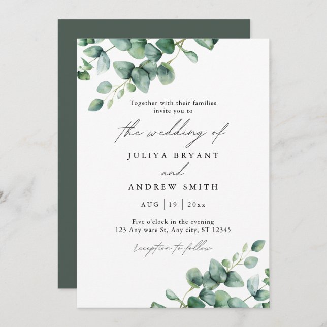  Greenery Eucalyptus script wedding Invitation (Front/Back)