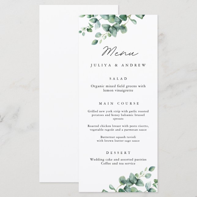 Greenery Eucalyptus script  Wedding Menu card  (Front/Back)