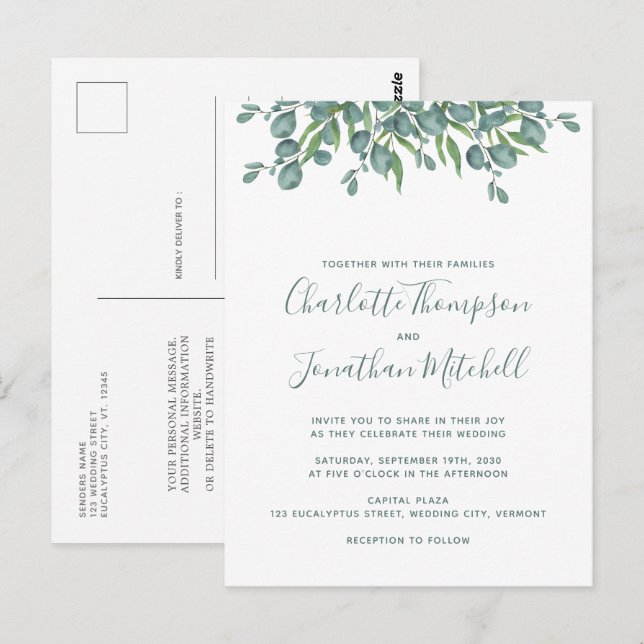 Greenery Eucalyptus Simple Wedding Invitation Postcard (Front/Back)