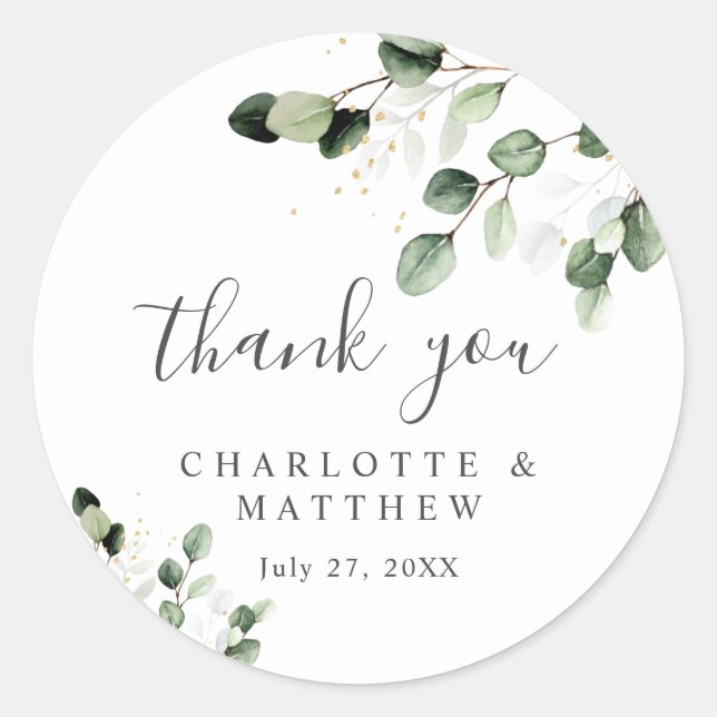 Greenery Eucalyptus  Thank You Gold Wedding Classic Round Sticker (Front)