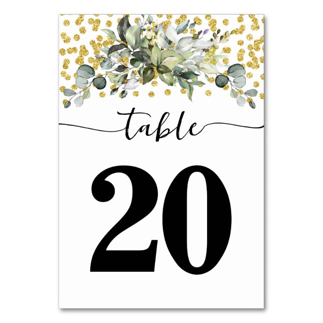 Greenery Eucalyptus Watercolor Green Dust Wedding Table Number (Front)