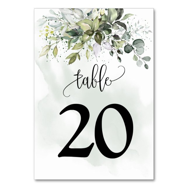 Greenery Eucalyptus Watercolor Green Dust Wedding Table Number (Front)