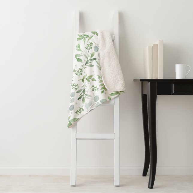 Greenery Eucalyptus Watercolor Sherpa Blanket (In Situ)