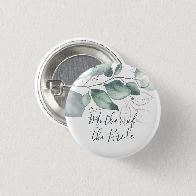 GREENERY EUCALYPTUS WATERCOLOUR BRIDE'S MOTHER 1 INCH ROUND BUTTON (Front & Back)