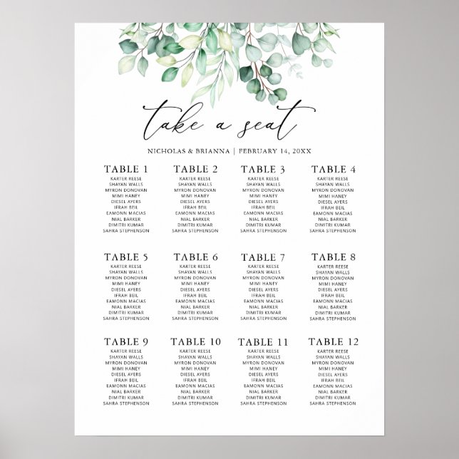 Greenery Eucalyptus Wedding 12 Table Seating Chart (Front)