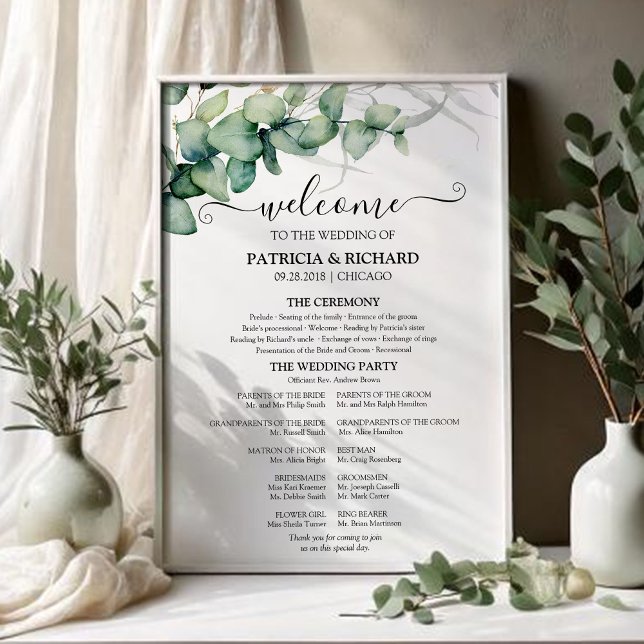 Greenery Eucalyptus Wedding Ceremony Program Sign (Creator Uploaded)
