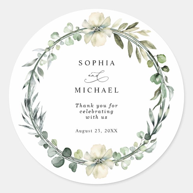 Greenery Eucalyptus Wedding Classic Round Sticker (Front)