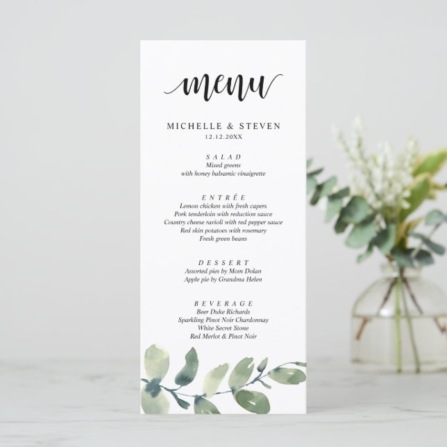 Greenery Eucalyptus Wedding Elopement Dinner Menu (Standing Front)
