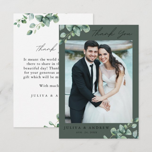 Greenery Eucalyptus wedding photo Thank You Card (Front/Back)