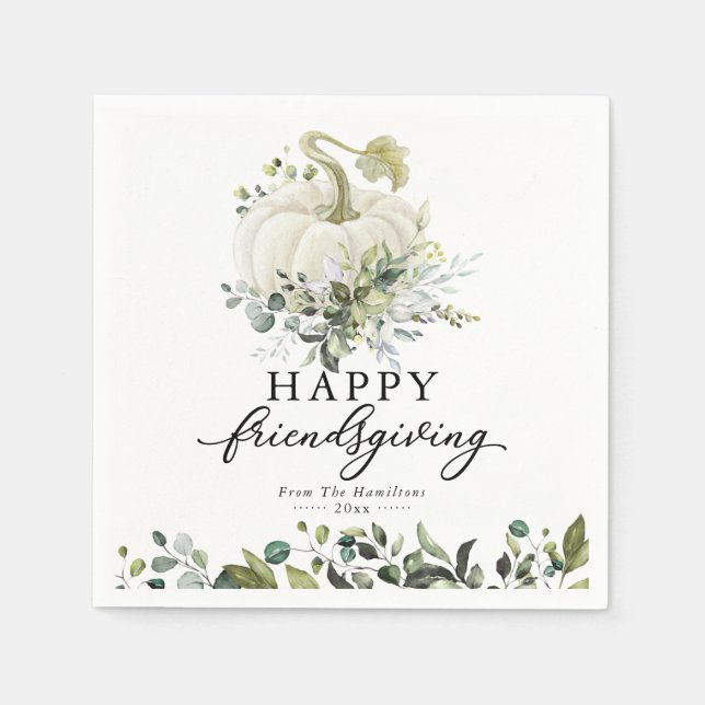 Greenery Eucalyptus White Pumpkin Friendsgiving Napkin (Front)
