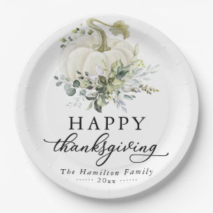 Greenery Eucalyptus White Pumpkin Thanksgiving Paper Plate