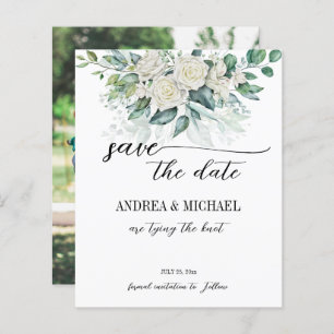 Greenery eucalyptus white roses save the date