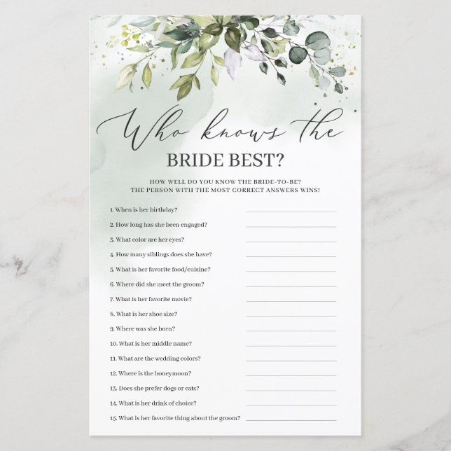 Greenery eucalyptus who knows the bride best game (Front)